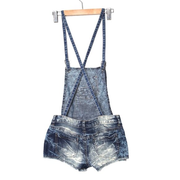 U2B Denim Dungarees Shorts Overalls Cut-Offs Acid Wash Blue White Summer Pockets - Picture 2 of 9